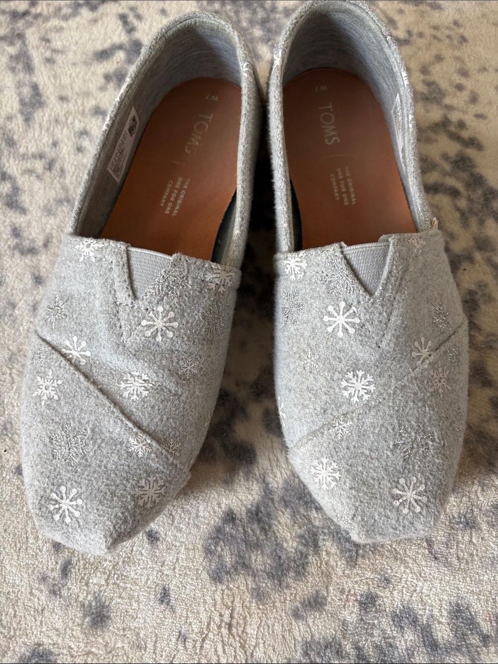 TOMS Women's Light Grey Slip-On Alpargata with White Snowflake Embroidery